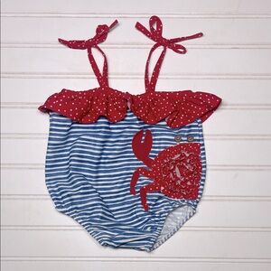 MUD PIE EUC Striped Polka Dot Ruffle Crab Appliqué One Piece Swimsuit